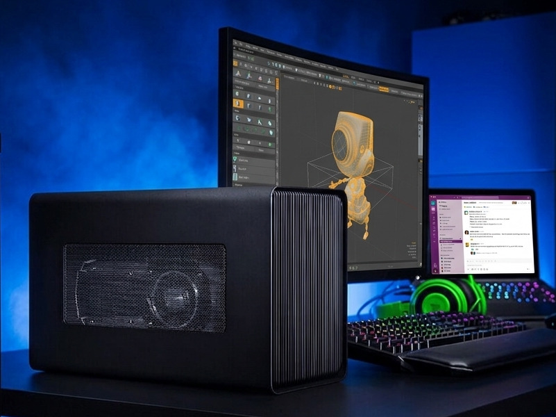 Razer Core X Chroma external GPU enclosure on a desk with blue lighting