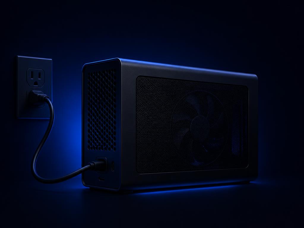 eGPU enclosure power cord plugged into a wall outlet