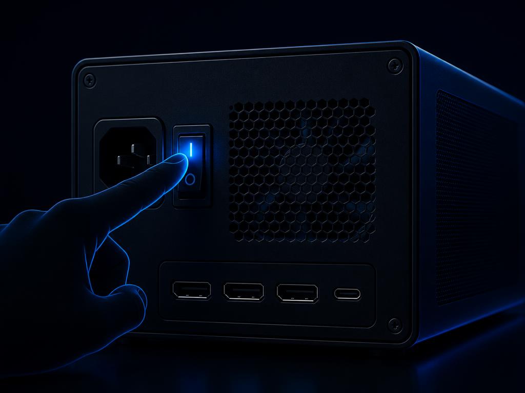 Finger toggling the power switch on the rear of the eGPU enclosure
