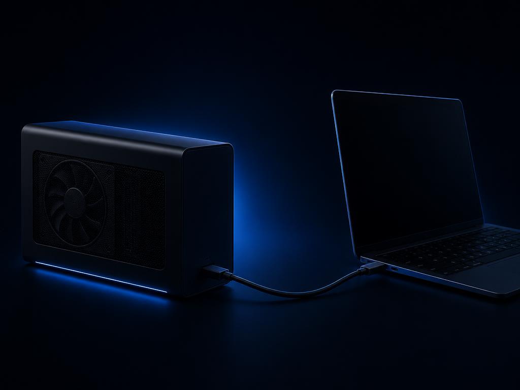 eGPU enclosure connected to a laptop with a single USB-C cable
