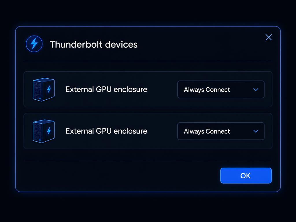 Thunderbolt devices dialog with the enclosure set to Always Connect